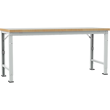 Workbench with wooden top and light grey metal legs.