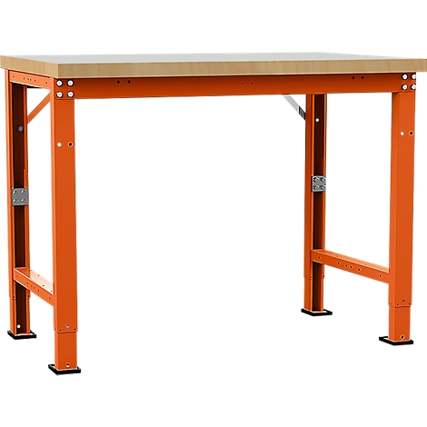 Workbench with orange legs and a light wood top.