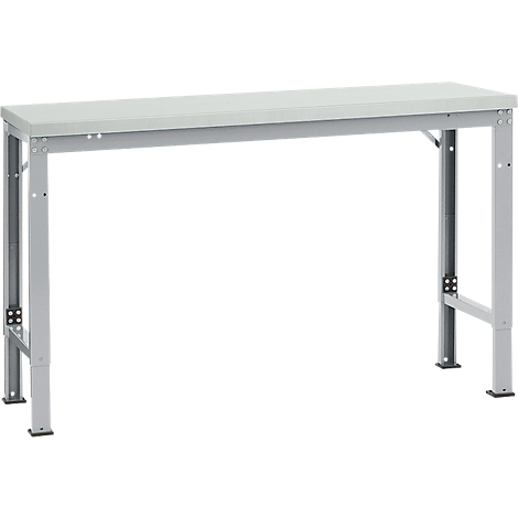 A grey standing table with a rectangular tabletop and metal legs.