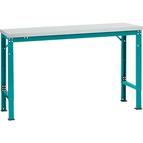 Light gray tabletop on a teal metal frame. Screws can be seen under the tabletop.