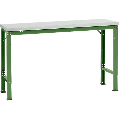 A green workshop table with a gray table top, against a white background. The table has a rectangular shape and metal legs.