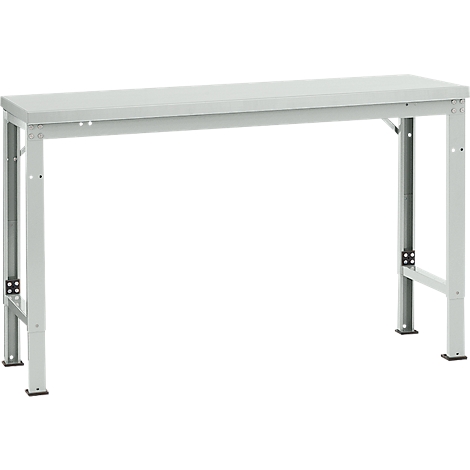 A gray, rectangular standing table with metal legs. The table has a light-colored tabletop and stands on four legs.