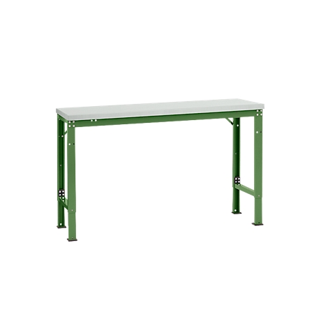 Green work table with a grey tabletop. The legs are angular and reinforced with brackets.