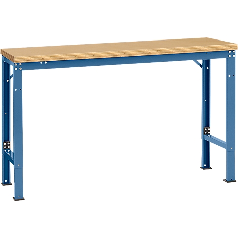 Blue workbench with wooden top. The legs are metal and attached with screws.