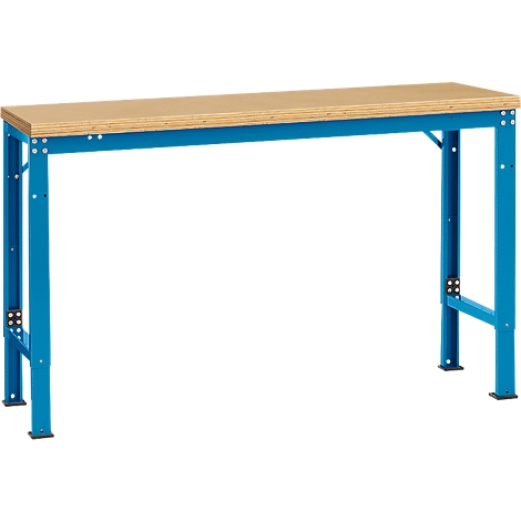 Blue workshop table with wooden top, details of screws and connections.