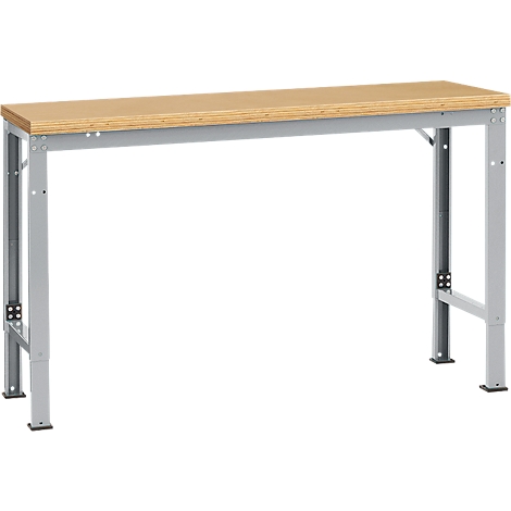Workbench with light brown wooden top and gray metal frame.