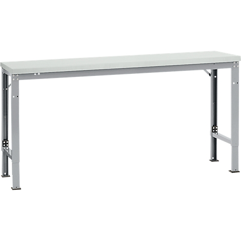A white table with gray metal legs, against a white background. The table is long and narrow.