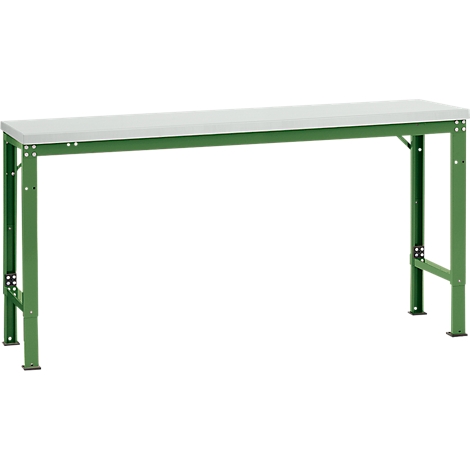 Green work table with light-colored tabletop. Metal frame. Clean lines, simple design.
