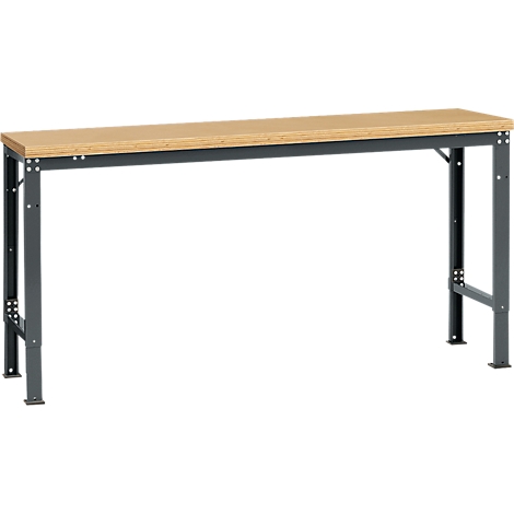 Workbench with light brown wooden top and gray metal frame.