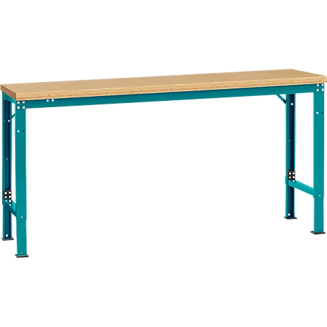 Tall workbench table with wooden top and turquoise metal frame.