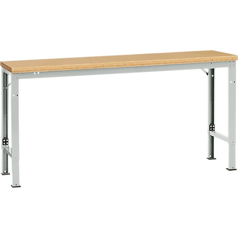 Tall, rectangular table. Wooden top on silver frame. Legs are foldable.
