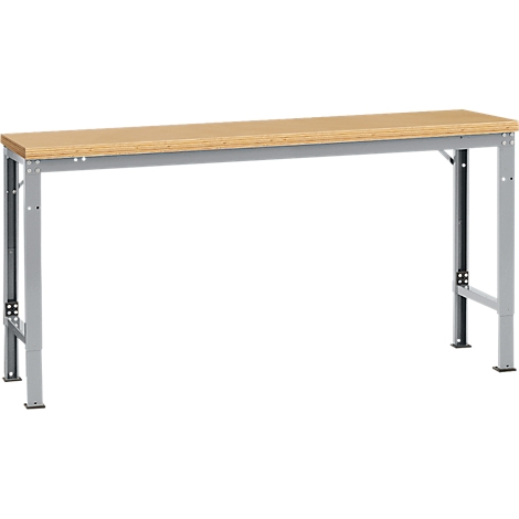 Grey workbench table with wooden top. The table is rectangular and stands on four legs.