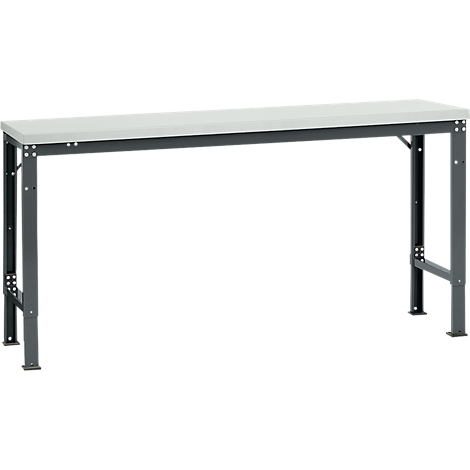 Gray workbench with light gray tabletop and dark metal legs.
