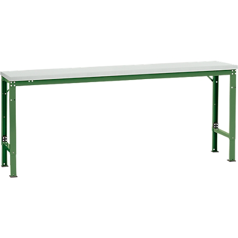 A green workbench table with a gray surface stands isolated against a white background.