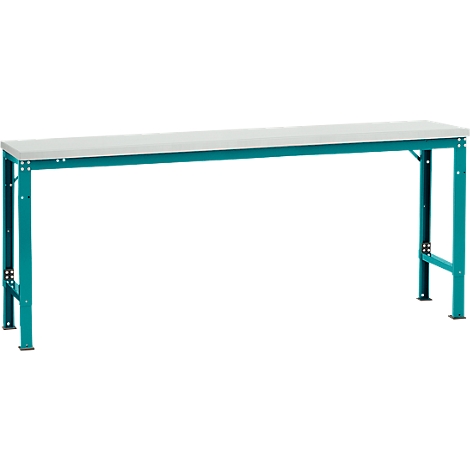 A long table with a light gray tabletop and turquoise legs. The legs are made of metal and have a diagonal bracing.