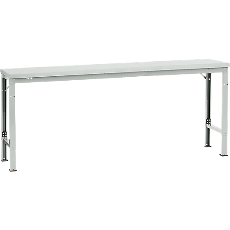A simple, white table with a metal frame, against a white background.