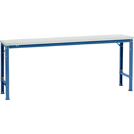 Blue workbench with light tabletop. The legs are bolted.