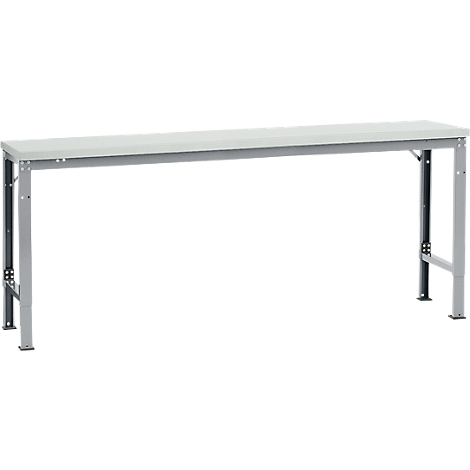 A gray work table with a light gray table top. The metal legs are angular and equipped with folding joints.