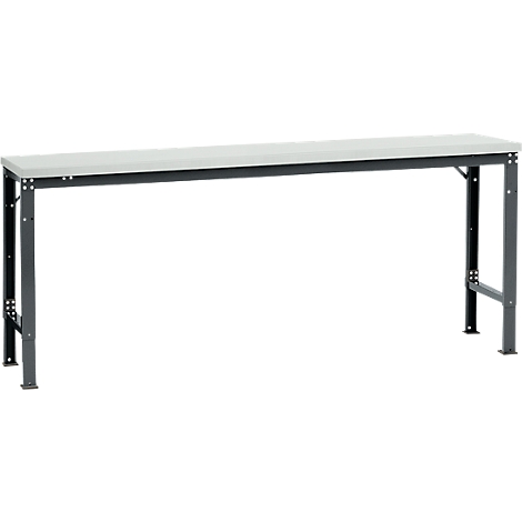Gray workbench with metal legs on a white background.