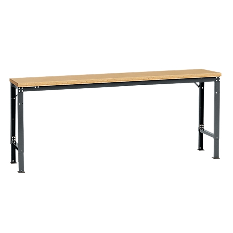 Long workbench with wooden top and anthracite frame on a white background.
