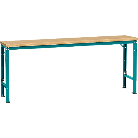 A long, rectangular table with a light brown tabletop and a turquoise metal frame.