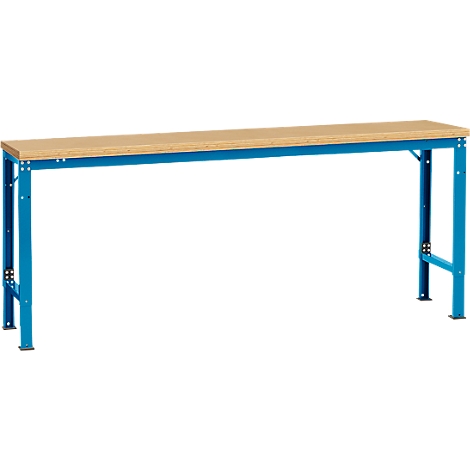 A long blue table with a light brown wooden top. The legs are blue, the table is rectangular and stands on the floor.
