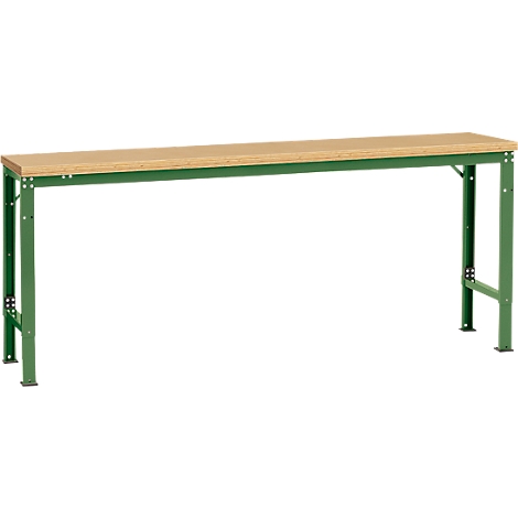 A workbench with a wooden top and green metal legs, set against a white backdrop.