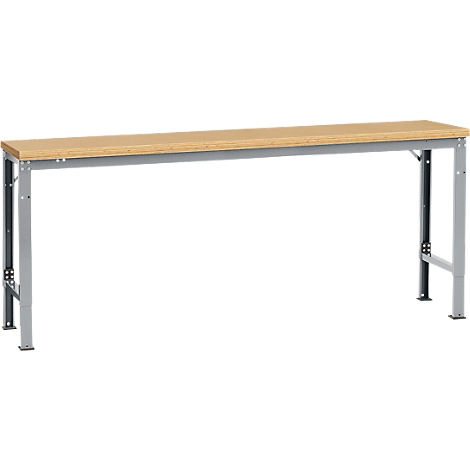 Workbench with light brown wooden top and gray metal frame.