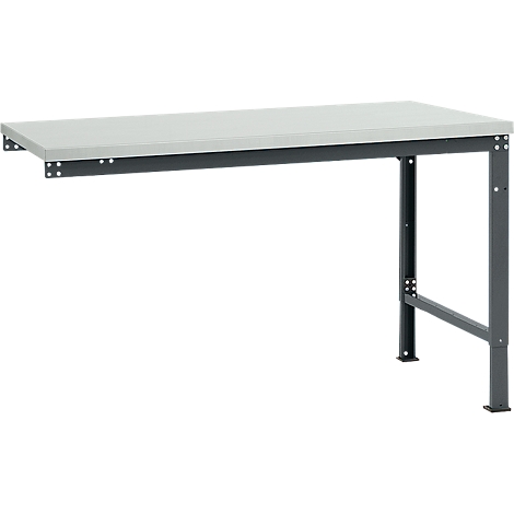 Grey workbench with metal frame. The table top is rectangular and light grey. The frame is dark grey and angular.