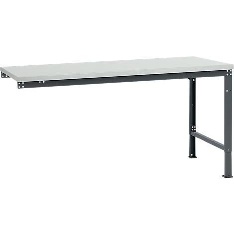 A grey workbench with grey steel legs. The table top is light grey.