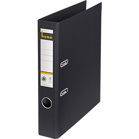 Zwarte ordner met wit etiket, 'bene' logo en paperclips.