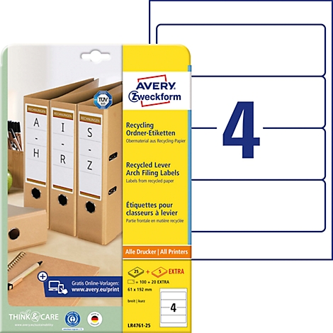 Etikettenverpakking met ordneretiketten, naast mappen. Opschrift: Avery Zweckform, Recycling ordneretiketten, 4.