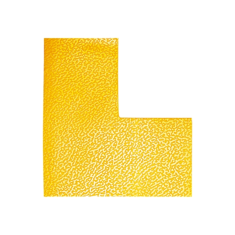 Elemento amarillo, en forma de L, texturizado, colocado sobre un fondo blanco.