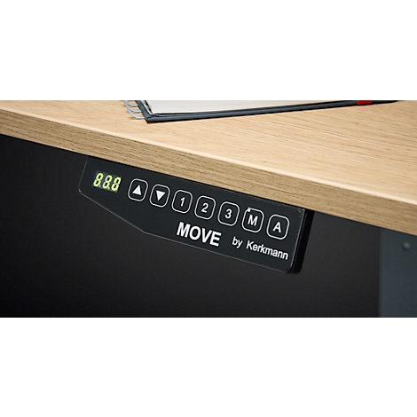 Close-up van het bedieningspaneel van een in hoogte verstelbaar bureau met led-display.