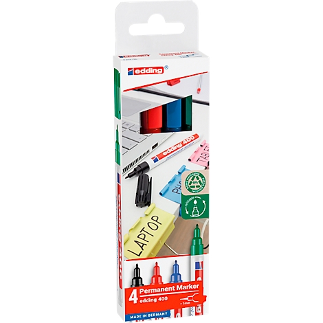 Package of Edding 400 permanent markers, showing different scenes with pens as well as the pens themselves.