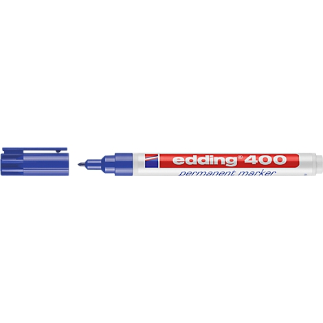 Blue Edding 400 permanent marker with open cap.