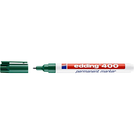 A green Edding 400 permanent marker with the cap off. The pen reads: Edding 400, permanent marker.