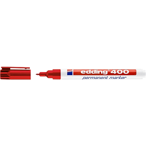 Close-up of a red Edding 400 permanent marker with partially visible lettering.