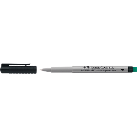 Close-up of a Faber Castell Multimark permanent marker. The pen is silver-gray, with a green end and a black cap.