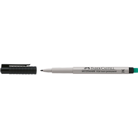 A silver Faber-Castell Multimark pen with a black cap, tip, and green end.
