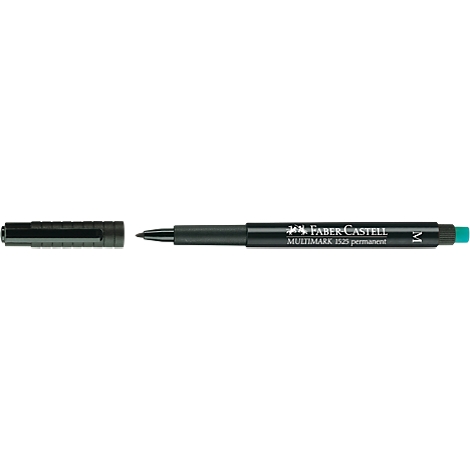 A black Faber-Castell felt-tip pen with a green tip and open cap.