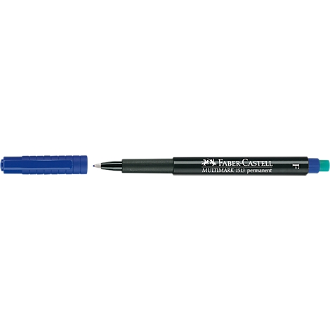 Close-up of a black felt-tip pen with a blue pen base and company logo.