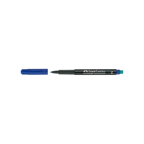 A Faber-Castell Multimark 1525 permanent marker, black with blue cap and blue-green marking at the end.