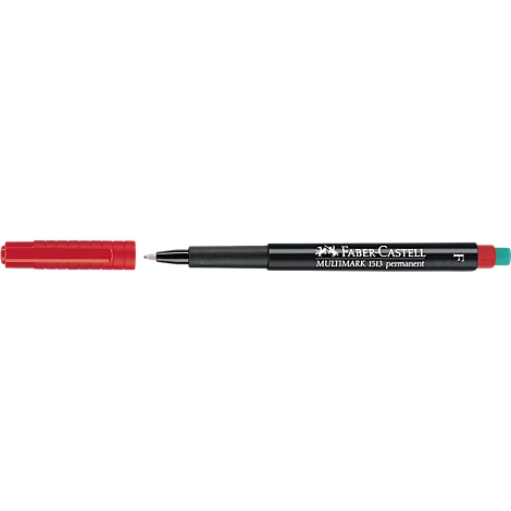 A red Faber-Castell Multimark permanent marker with the cap open.