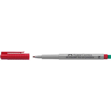 A red and gray felt-tip pen from Faber-Castell, with the cap open.