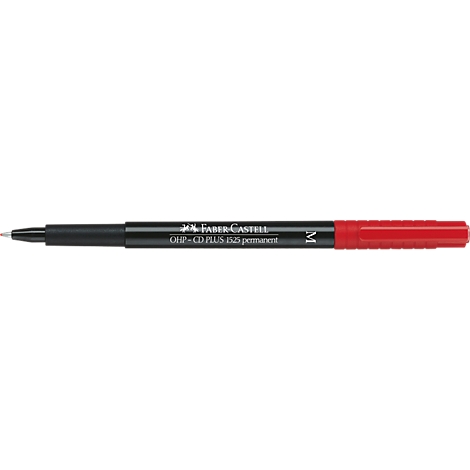 A red marker by Faber-Castell, partially labeled. Black shaft, red tip.