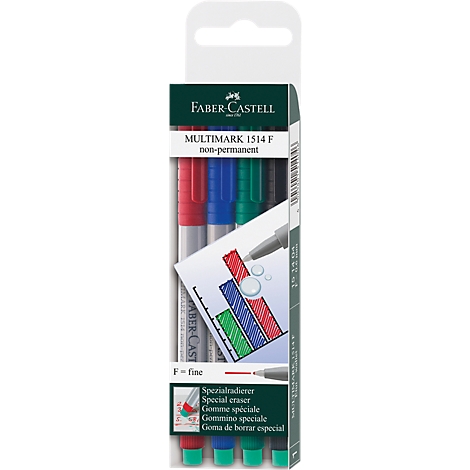 Faber-Castell marker set. Red, blue, and green markers are in a package, with text and a diagram.