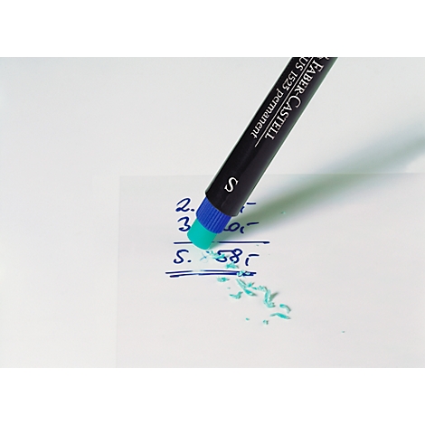 A pen is erasing blue ink from a sheet of paper. There are numbers on the paper.