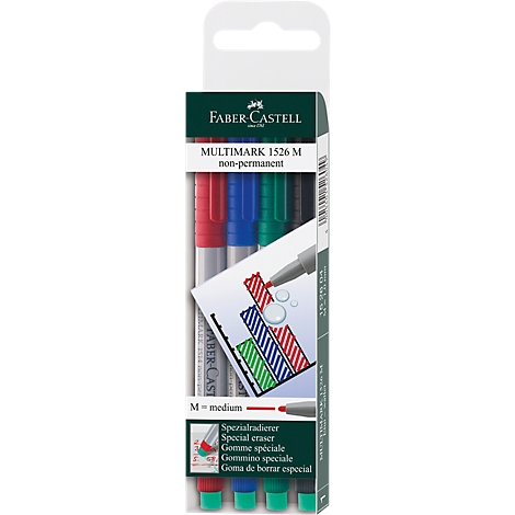 Packaging of Faber-Castell Multimark pens. Red, blue, green, and black. Printed: Special eraser, non-permanent.