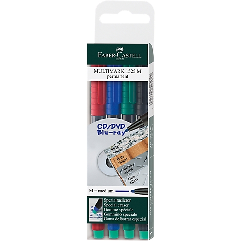 Packaging of Faber-Castell Multimark permanent markers. Showing red, blue, green, and black pens, a DVD, and labels.